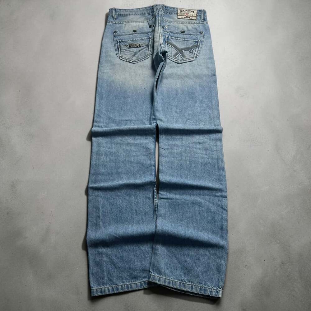 Kaporal Light Blue Straight Leg Jeans Distressed Logo Embroidered Pockets